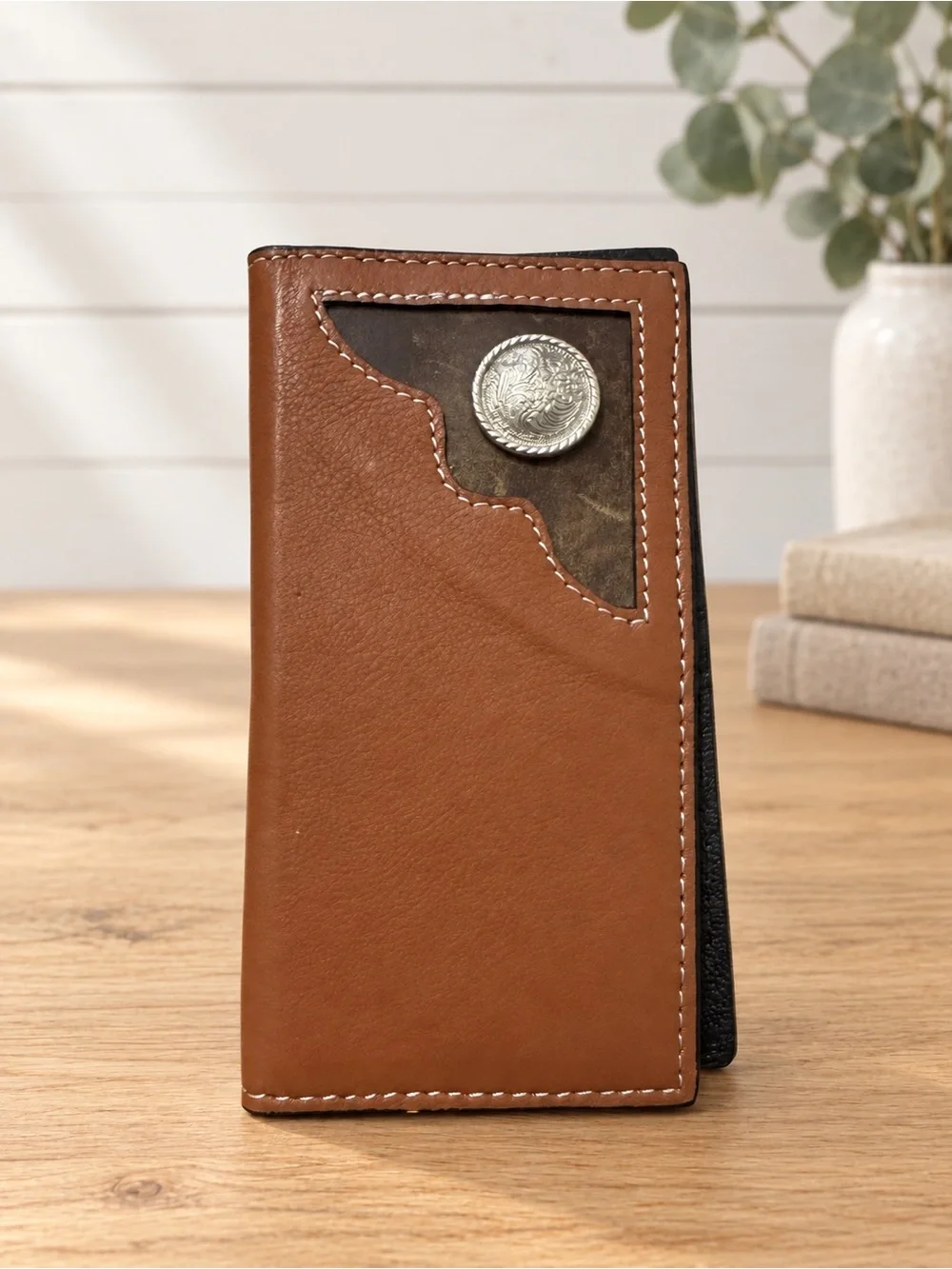 Western Brown Leather Mens Long Wallet with Silver Concho